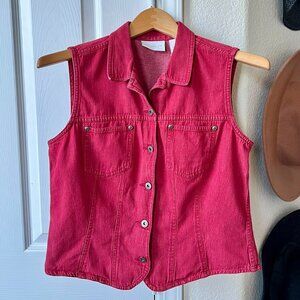Vintage 90s Lizwear Liz Claiborne Red Denim Vest - Button Down Jean Gilet